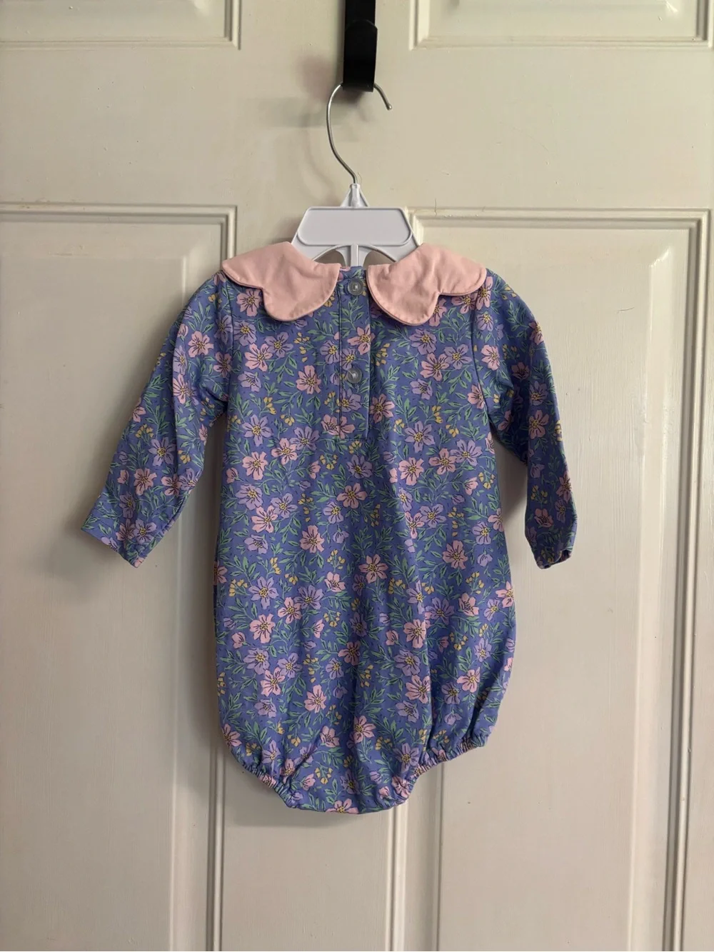 6m Stitchy Fish blue/purple/Pink floral long-sleeve bubble romper.  In EUC!